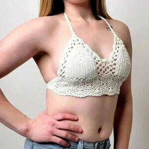 Cream White Crochet Lace Triangle Bralette Halter Top